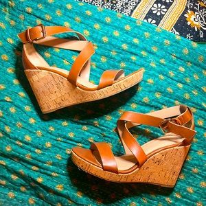 A New Day Faux Leather Cork Bottom Strappy Wedge, Brown- Size 7